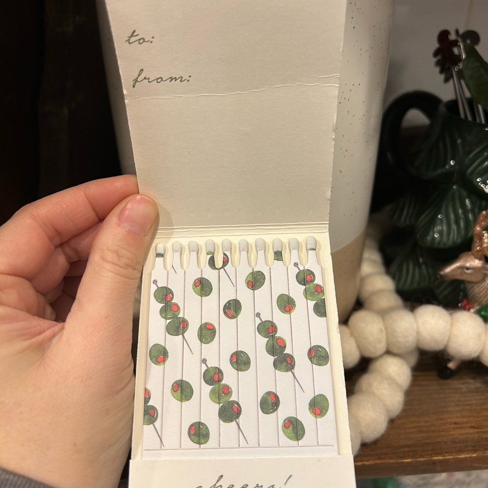 Anthropologie Dirty Martini Matchbook with Olive printed matchsticks